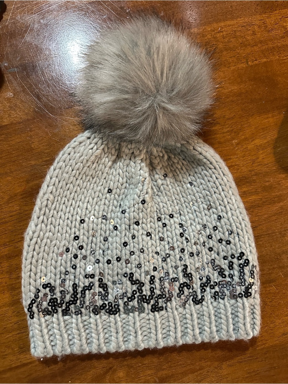 Gray Sequin Pom Beanie for Women- Stylish Winter Hat